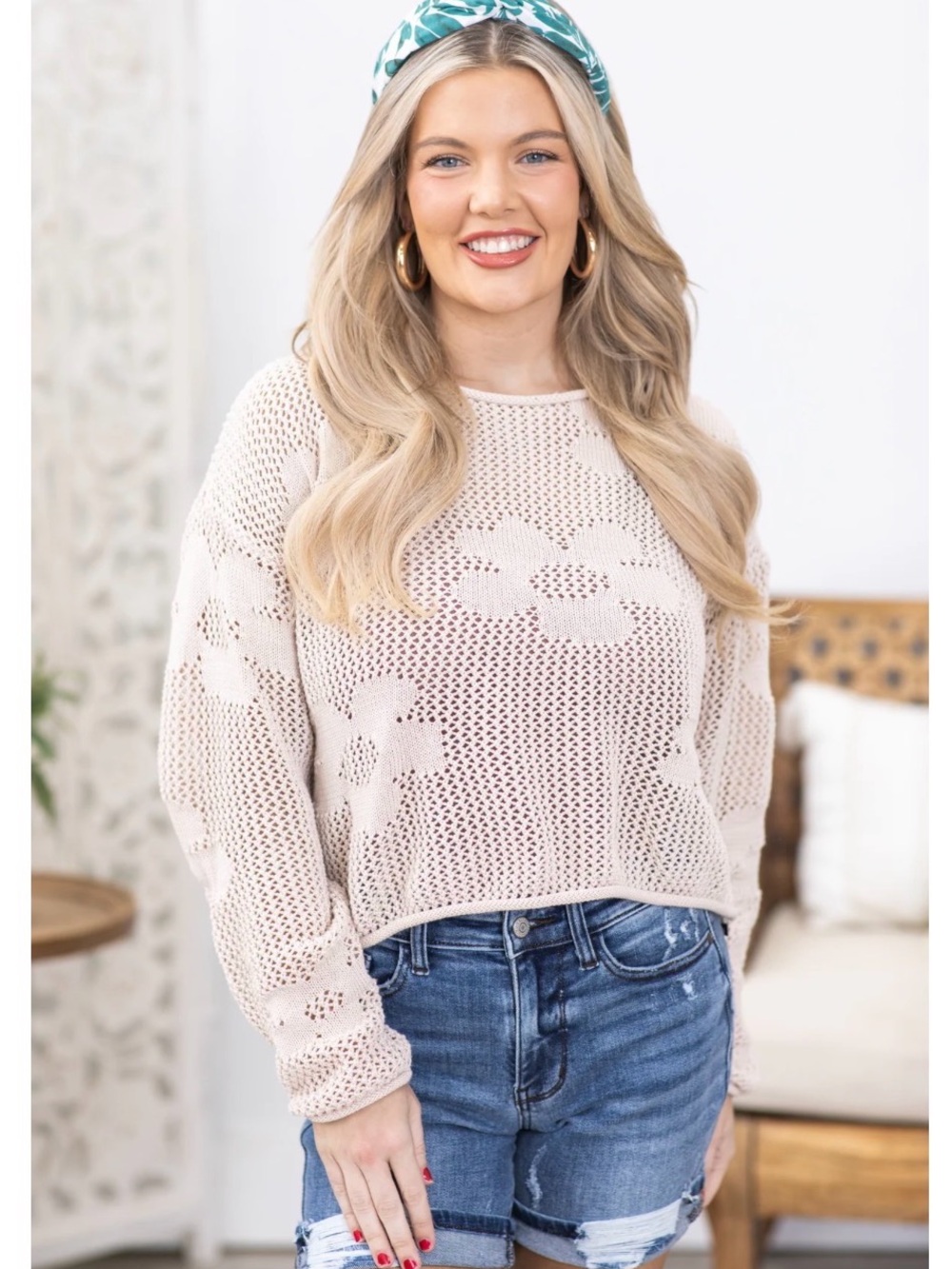 Light Beige Floral Open-Knit Crochet Sweater - Women
